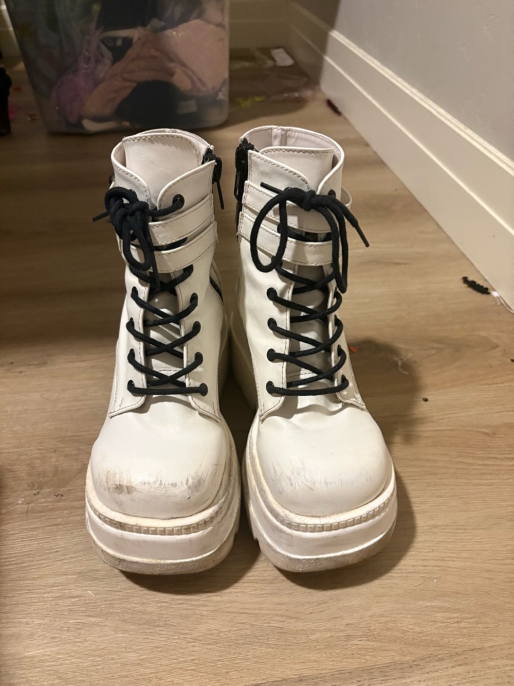 Demonia White Platform Lace-Up Combat Boots with Black Laces